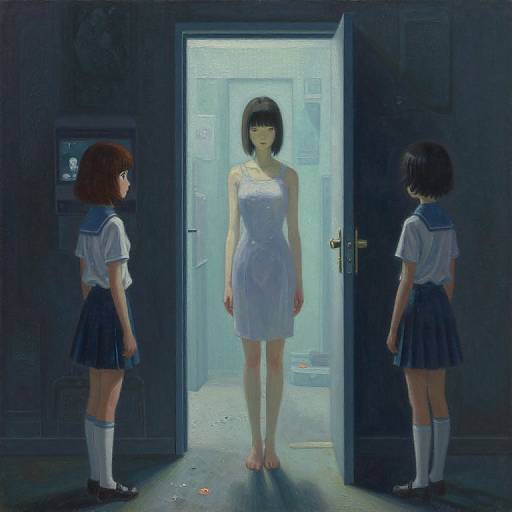 Digital anime artwork: Three schoolgirls in dark blue uniforms, white shirts, and black skirts face a pale, barefoot girl in a white dress,