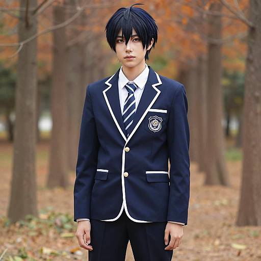 Man in Stylish Navy Blue School Uniform in Autumn Forest