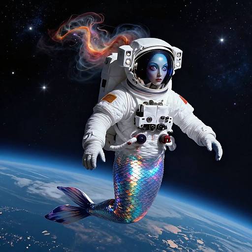 Digital art of a mermaid in a white astronaut suit with glowing blue face and fiery hair, floating above Earth's curvature in space.