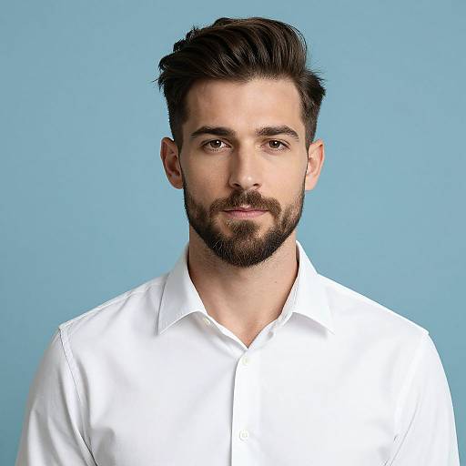 Photograph of a bearded man with dark hair, wearing a white shirt, against a plain light blue background. He has a serious expression, centered