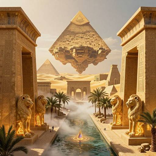 Digital artwork of a golden ancient Egyptian city with floating pyramid, lion statues, palm trees, and misty central fountain.