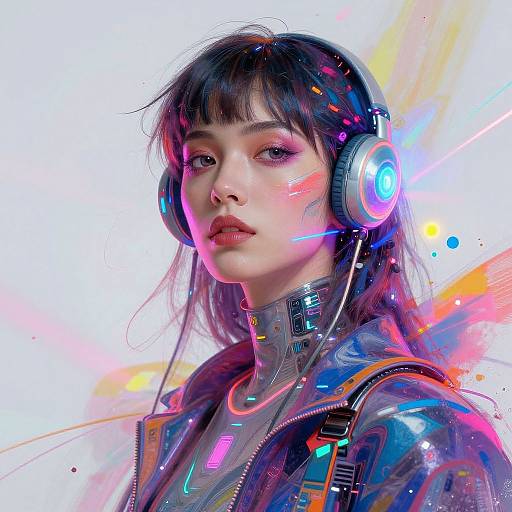 Digital artwork of a young Asian woman with straight black hair, wearing futuristic headphones and a metallic, cybernetic jacket, surrounded by vibrant neon lights and