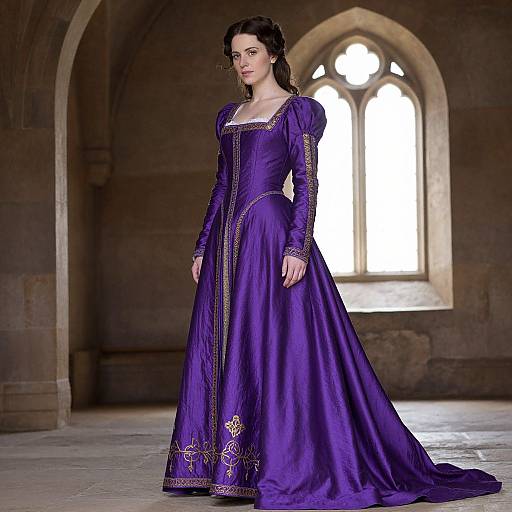 Photograph of a fair-skinned woman with dark brown hair in a purple medieval gown with gold embroidery, standing in a dimly lit stone hall with