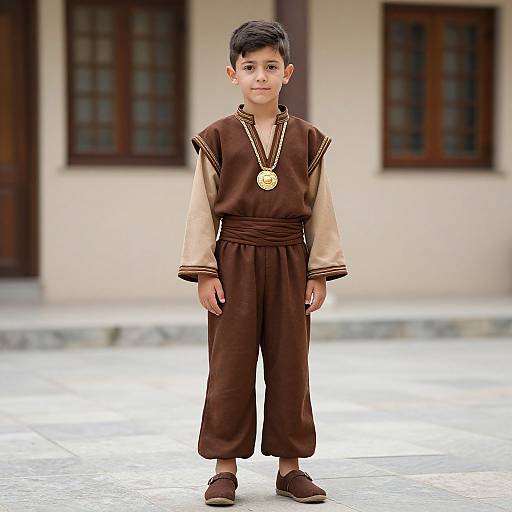 Photograph of a young boy with short black hair, wearing a brown and beige traditional outfit, gold necklace, and brown sandals, standing in front of