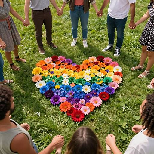 Photograph of six diverse children holding hands, forming a circle around a colorful heart-shaped flower arrangement on green grass.
