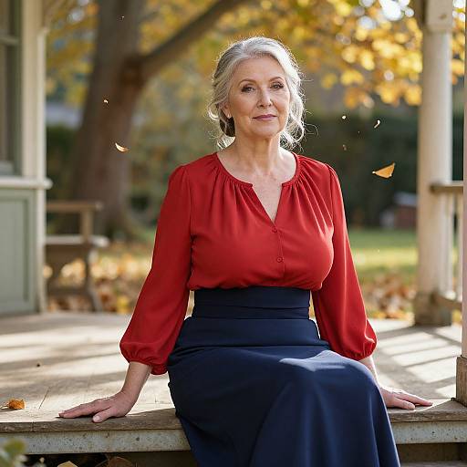 Photograph of a mature woman with gray hair, wearing a red blouse and navy skirt, sitting on a porch in autumn.