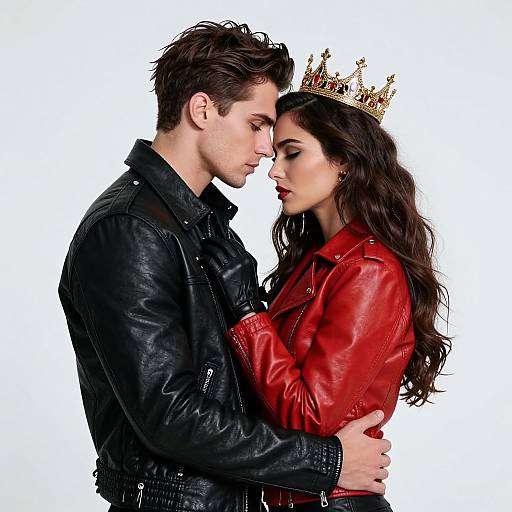 Photograph of a couple: a brunette woman in a red leather jacket and gold crown, gazing at a dark-haired man in a black leather jacket