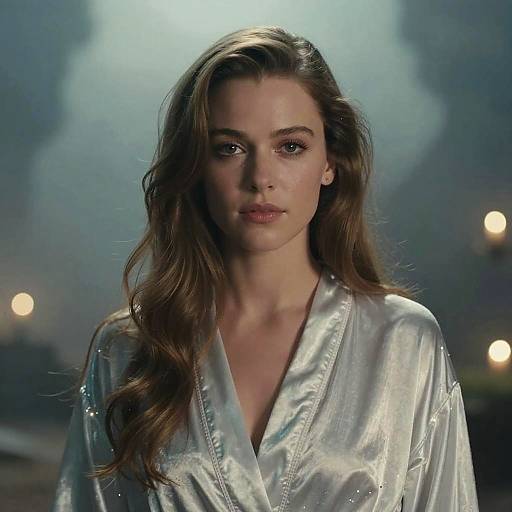 Photograph of a young woman with wavy brown hair, wearing a shiny silver V-neck blouse, standing under a misty, dimly lit background