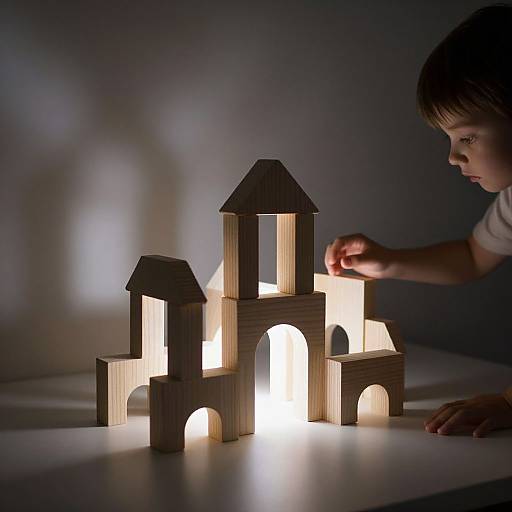 Photograph of a young boy with short brown hair, illuminated wooden castle model, dark background, boy's hand touching model, soft light.