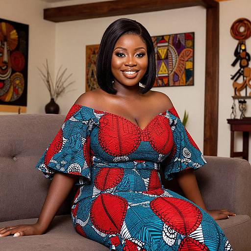 Photograph of a smiling Black woman with short black hair, wearing an off-shoulder red and blue patterned dress, seated on a gray couch