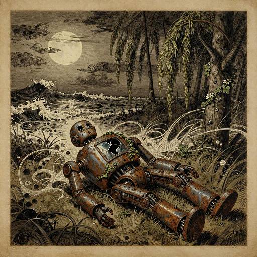 Rusted Robot Reclining in Moonlit Wetlands