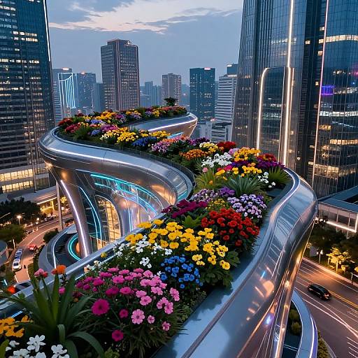 Digital artwork of a futuristic cityscape featuring a sleek, curved highway adorned with vibrant, multi-colored flowers, surrounded by towering, illuminated skyscrapers at