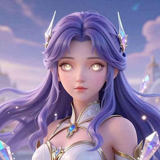 Digital artwork of a beautiful, anime-style woman with long, purple hair, glowing golden eyes, and crystal headpieces, wearing a white and gold armor