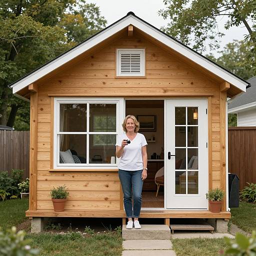 Photograph of a smiling woman in a white t-shirt and blue jeans standing in front of a small wooden shed with white windows and doors, surrounded by