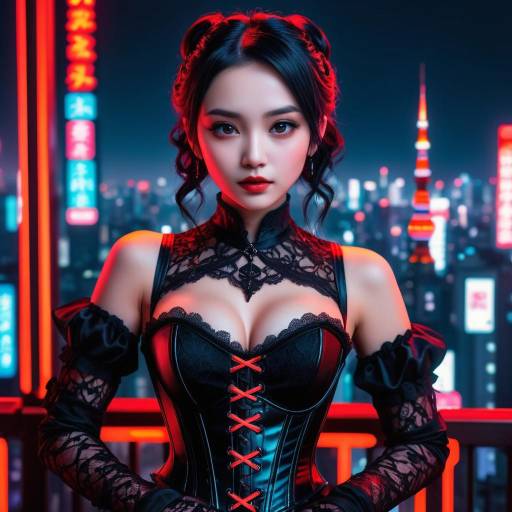 Gothic Beauty Against Neon Tokyo Skyline