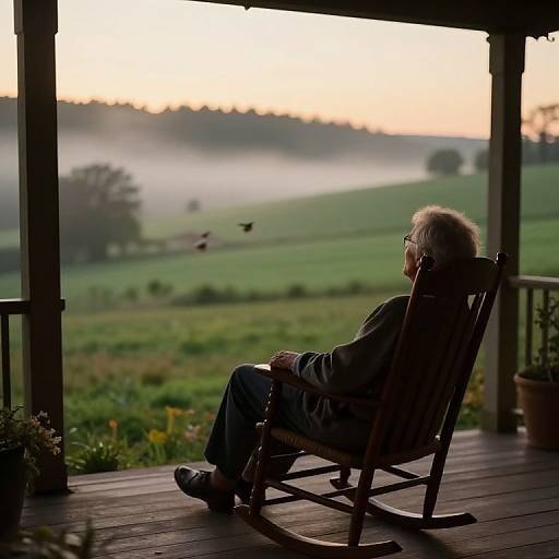 Photograph of an elderly person with white hair, wearing glasses and dark clothing, sitting in a wooden rocking chair on a porch at sunrise, watching birds