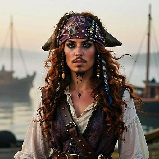 Photograph of a fierce, curly-haired pirate woman with a purple bandana, dark vest, white shirt, and cross necklace, standing in front of