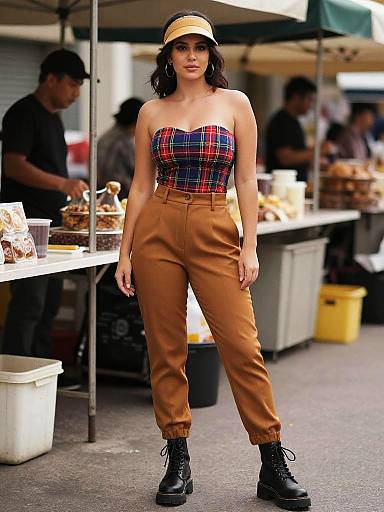 Photograph of a woman at an outdoor market, wearing a plaid strapless top, brown high-waisted pants, black boots, and a