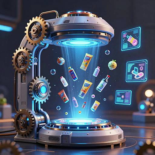 CGI image of a futuristic, glowing blue, gear-filled machine dispensing various colorful drink cans and bottles, with holographic interface screens floating beside it