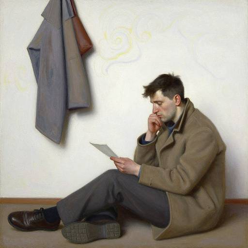 Photograph of a pensive man with short dark hair, wearing a brown coat and black pants, sitting on the floor reading a letter, with a