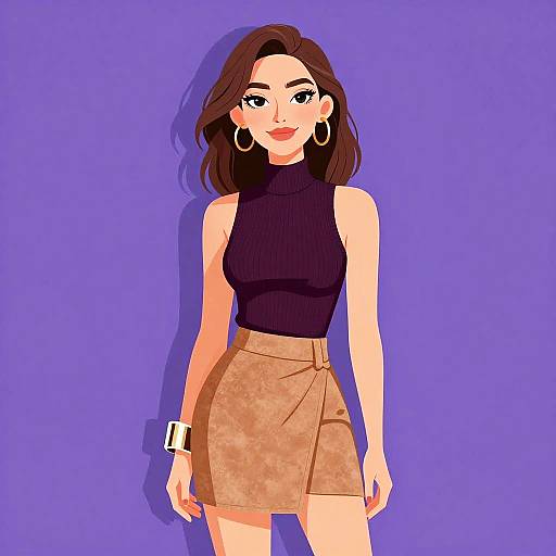 Digital illustration of a smiling woman with wavy brown hair, wearing a black sleeveless turtleneck, brown high-waisted skirt, hoop earrings