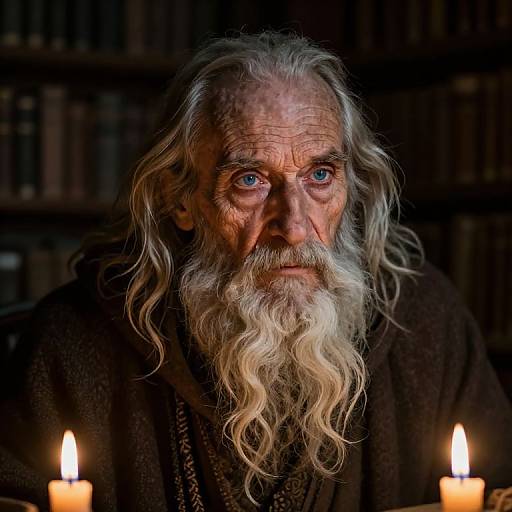 Photograph of an intense, elderly man with long white hair and beard, blue eyes, wearing dark robes, illuminated by two candles in a dimly