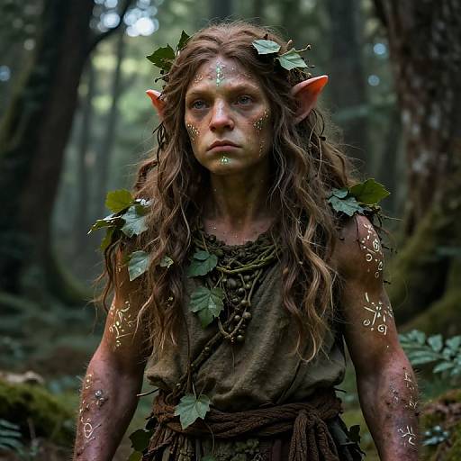 Photorealistic fantasy image of a young, elf-like woman with long brown hair, leaf crown, pointed ears, green leaf dress, forest background,