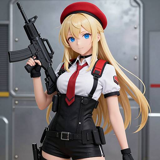 Anime-style digital illustration of a blonde woman with blue eyes, wearing a red beret, white shirt, red tie, black shorts, and holding a