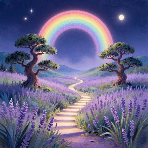Ethereal Lavender Meadow with Glowing Staircase