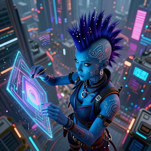 Cyberpunk female with blue skin, neon mohawk, and cybernetic tattoos, using holographic interface in a brightly lit, futuristic cityscape