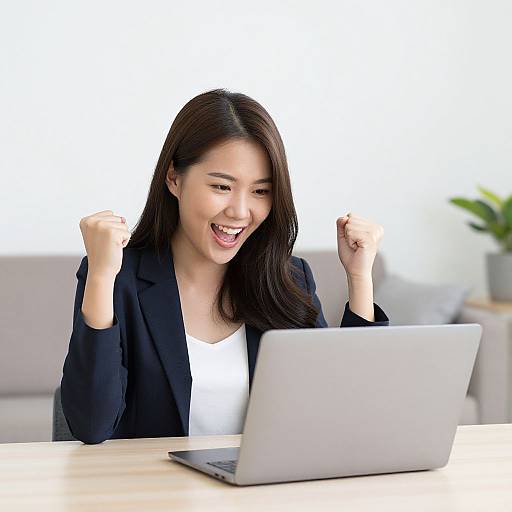 Photograph of a smiling Asian woman with long black hair, wearing a black blazer and white shirt, clapping hands excitedly in front of an
