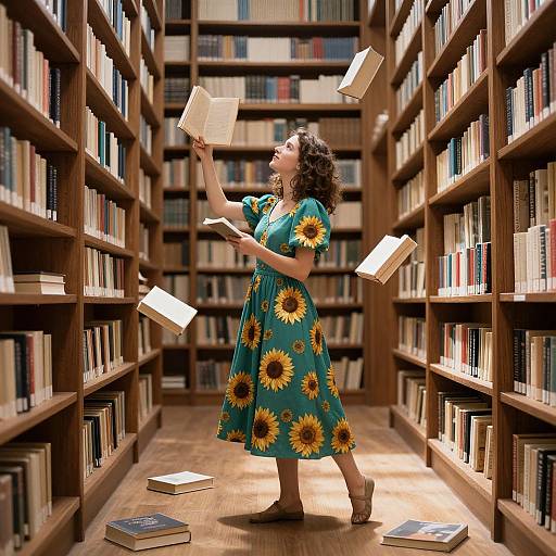 Photograph of a curly-haired woman in a sunflower-patterned dress, surrounded by floating books in a wooden library aisle.