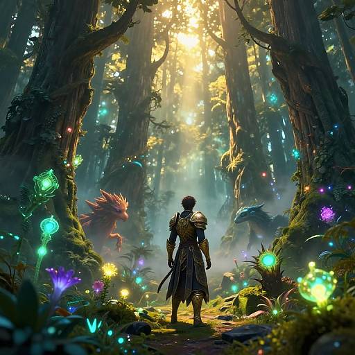 Digital fantasy artwork of a armored warrior standing in a mystical forest, surrounded by glowing, colorful fireflies and towering trees, with sunlight filtering through the dense