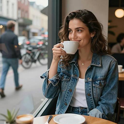 Brunette Woman Enjoying Coffee at Café