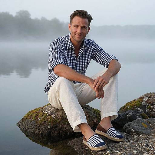 Photograph of a smiling man with short brown hair, wearing a blue-and-white checkered shirt, white pants, and striped slip-ons, sitting on
