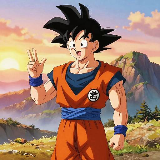 Digital anime-style drawing of muscular Son Goku from Dragon Ball, wearing orange gi, blue sash, making a peace sign, against a colorful mountain sunset
