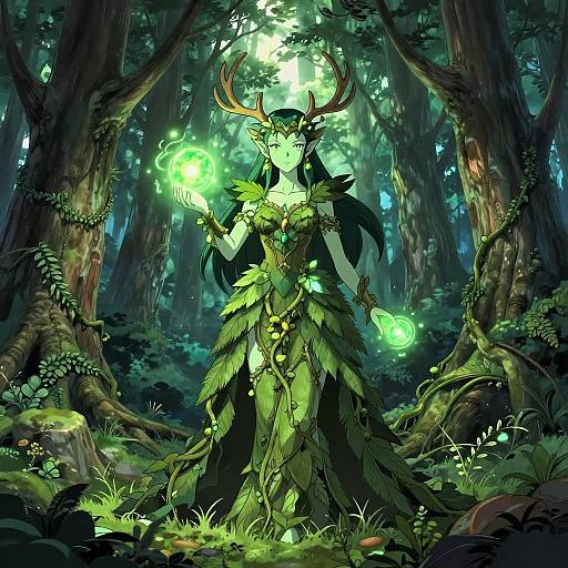 Digital fantasy artwork of a green-skinned, horned forest spirit with glowing green magic, dressed in leafy armor, standing in a dense, illuminated