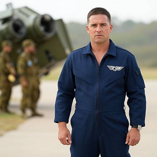 Photograph of a serious, muscular man in a navy blue jumpsuit with white logo, standing in front of a large military tank and blurred soldiers in