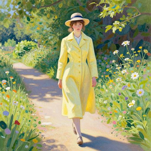 Digital painting of a woman in a yellow coat and hat walking a sunlit garden path surrounded by colorful wildflowers.