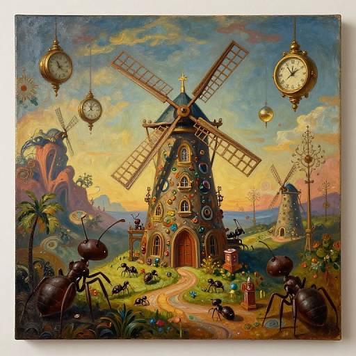 Whimsical digital painting of a colorful, clock-adorned windmill surrounded by giant ants, clocks, and vibrant, surreal landscape at sunset.