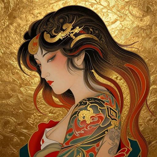 Digital artwork of an Asian woman with long black and red hair, golden ornate headpiece, red lips, intricate tattoos, and golden patterned background