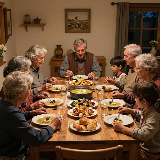 Photograph of a warm, family dinner with eight older adults, including two young boys, sitting around a wooden table, enjoying a meal with various dishes