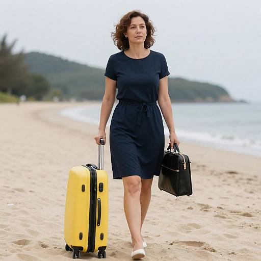 Middle-aged Woman Walking on Beach with Suitcases