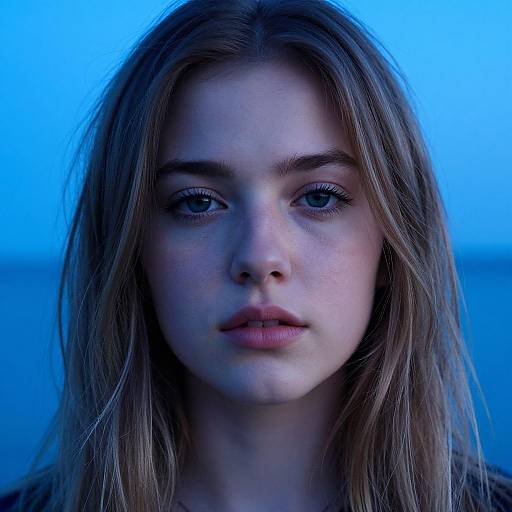 Photograph of a young woman with fair skin, blue eyes, and long, slightly wavy brown hair, against a blue background, looking directly at