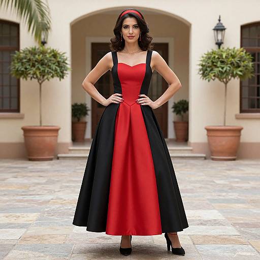Photograph of a woman with dark curly hair, wearing a red and black vintage-style dress, black heels, and red headband, standing confidently in