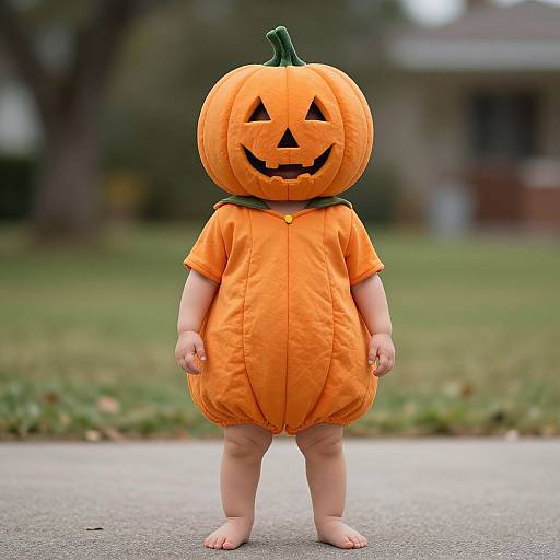 Photograph of a baby in an orange pumpkin onesie with a carved jack-o'-lantern head, standing barefoot on a suburban sidewalk.