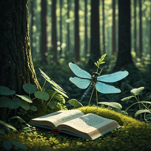 Tiny Dragonfly Reading Book in Forest Tiny Dragonfly Reading Book in Forest