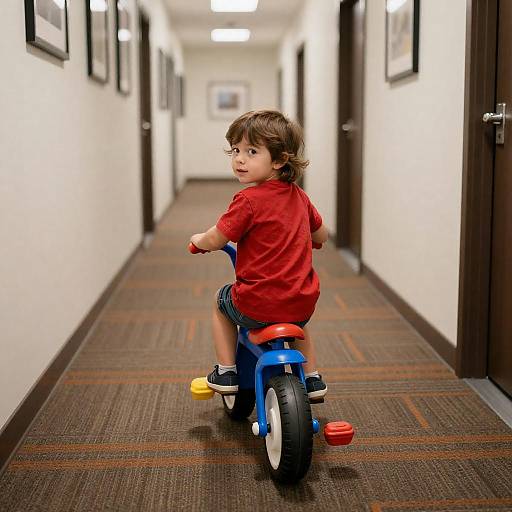 Child Riding Tricycle in Colorful Hallway