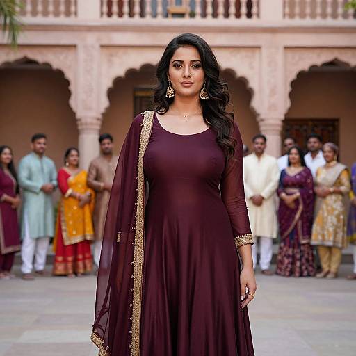 Photograph of a confident South Asian woman with long black hair, wearing a burgundy traditional saree with gold trim, standing in front of an orn