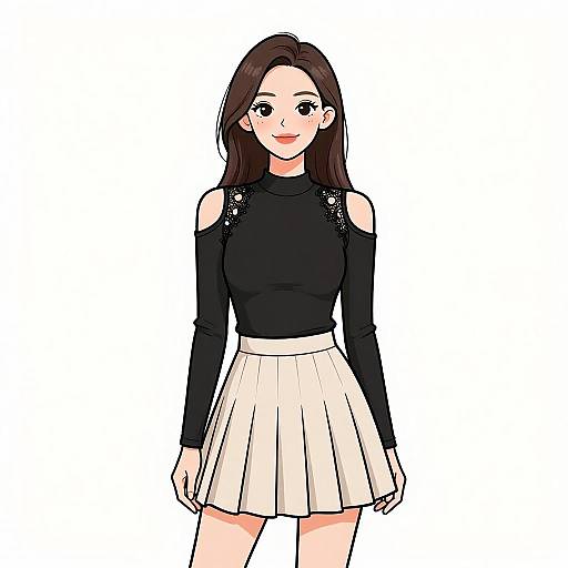 Digital anime-style drawing of a cute young woman with long brown hair, wearing a black long-sleeve top with shoulder cutouts and a white ple